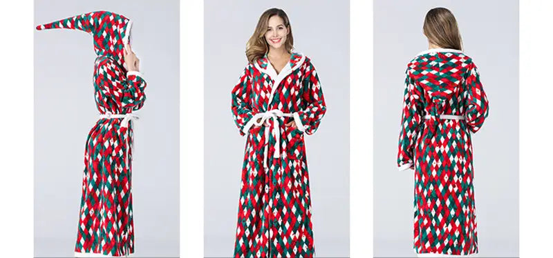 Christmas Sleepwear Women Fleece Hooded Bathrobe Plush Long Robe Winter