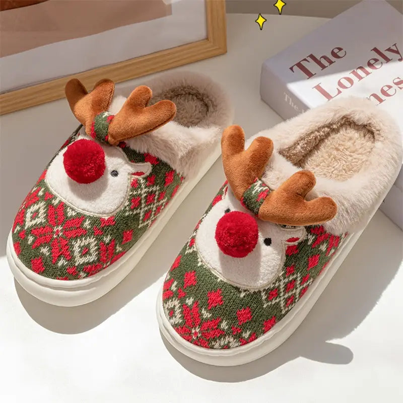 Cute Christmas Elk Plush Slippers Winter Ins Fashion Non-slip Floor Bedroom Home Slippers For Women Fuzzy House Shoes