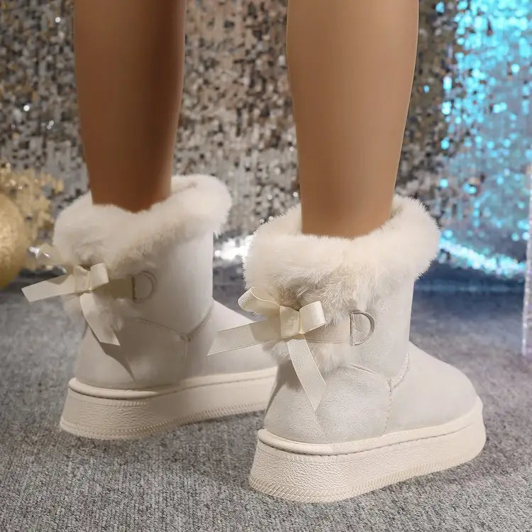 Winter Snow Boots With Bowknot Fashion Round Toe Flat Thickened Suede Cotton Shoes For Women Casual Warm Plush Short