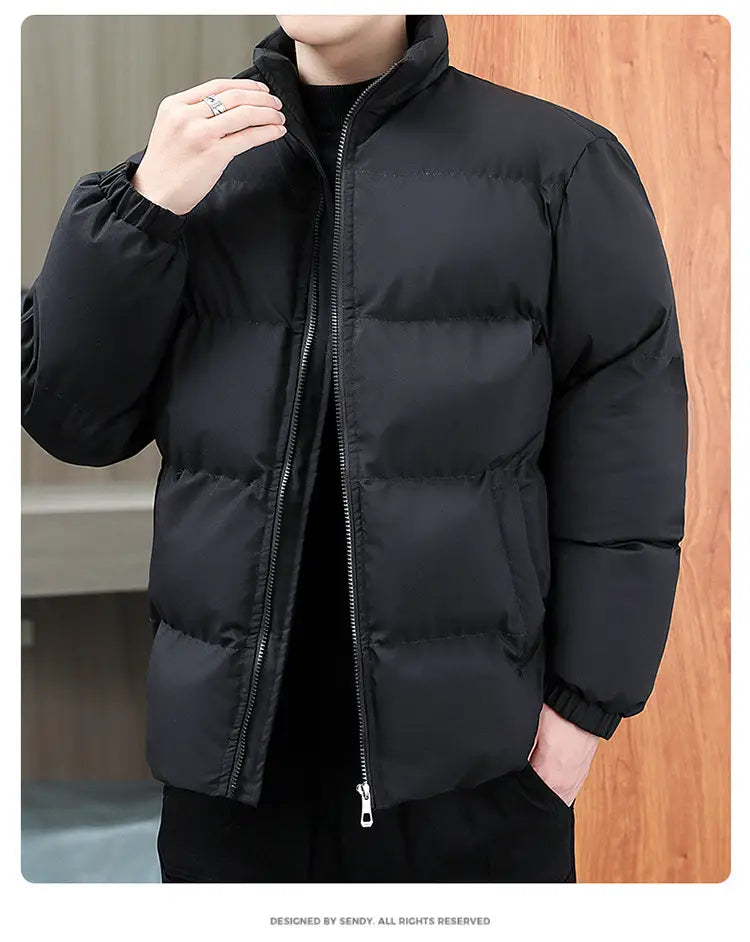 Winter Stand-collar Cotton Coat Couple Casual Warm Plus Velvet Thicken Solid Color Jacket For Men’s Clothing