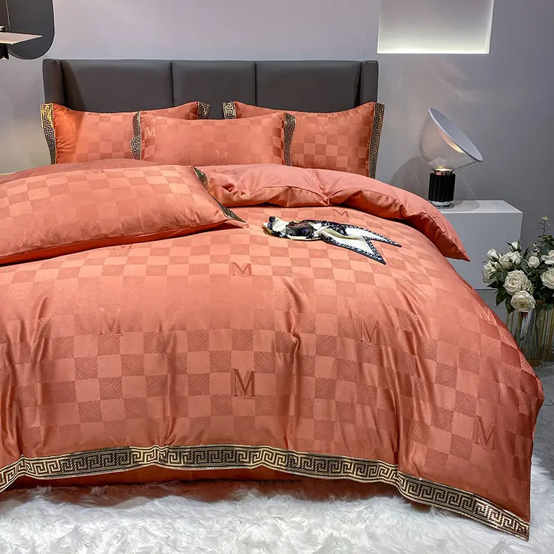 Peach checkered bedding set with Greek key border for Silk Cotton Sheets Fitted Sheet Quilt Cover Bed