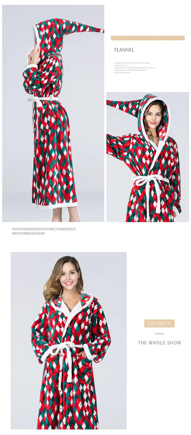 Christmas Sleepwear Women Fleece Hooded Bathrobe Plush Long Robe Winter