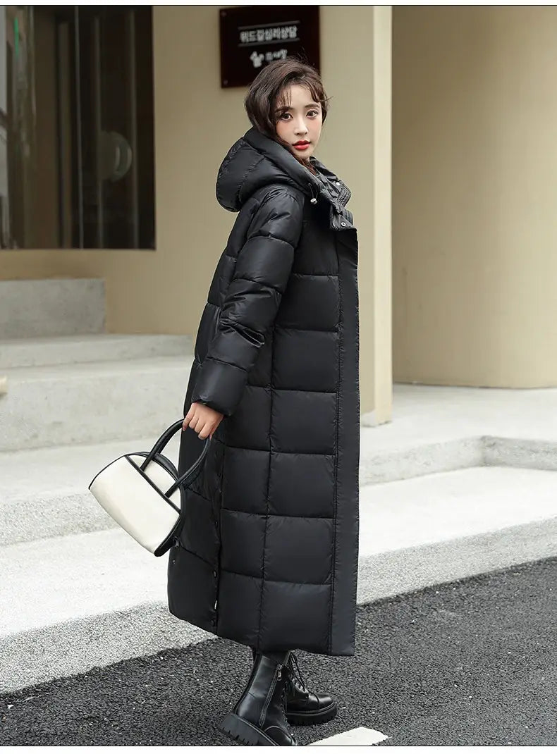 Women’s Super Long Down Jacket Winter Puffer Thick Coat Black Red Hooded Zipper Keep Warm Fall Winter Casual Clothes