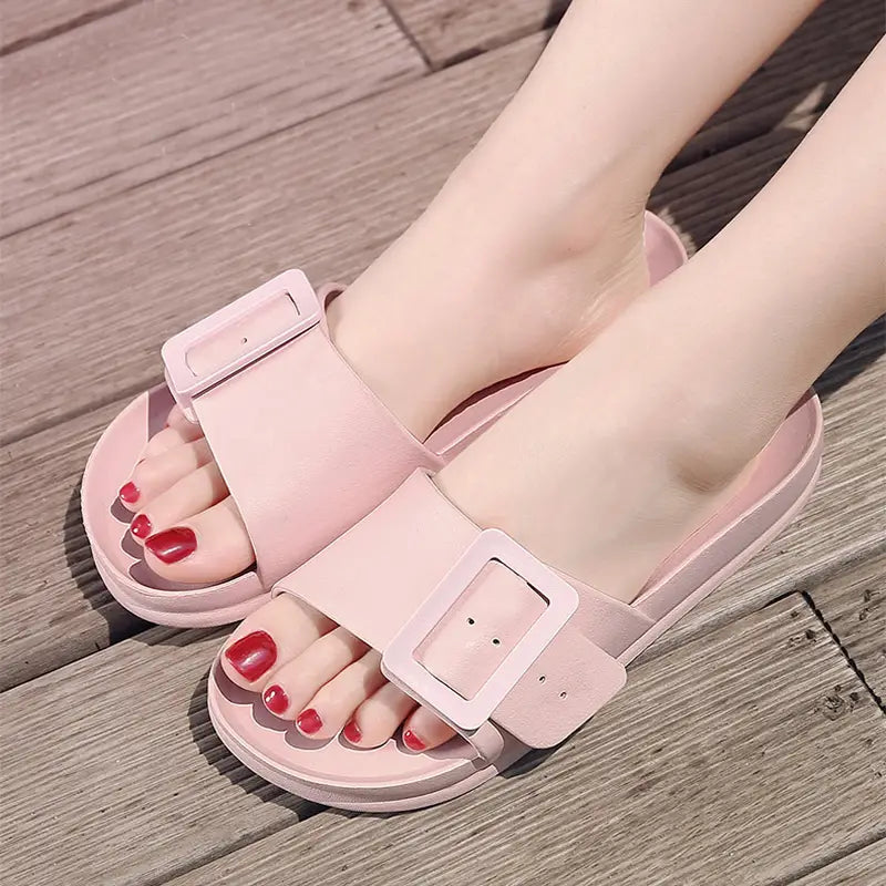 Solid Buckle Home Slippers Summer Non-slip Floor Bathroom Slipper Women Garden House Shoes