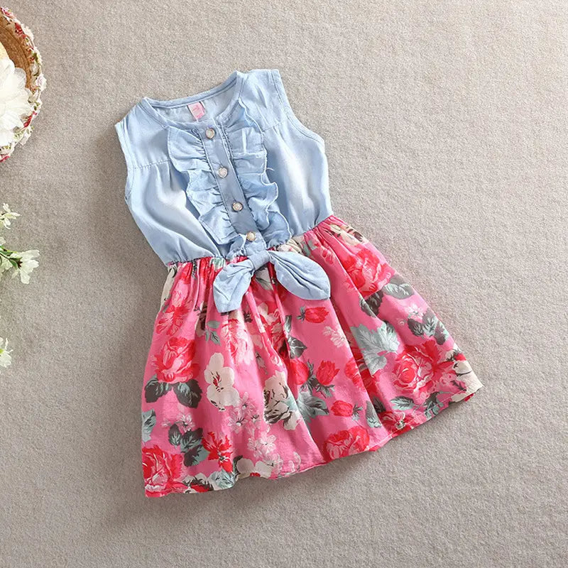 Summer Children Sleeveless Girl Denim Floral Dresses