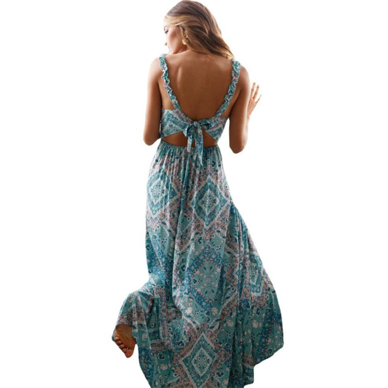 Sexy V-neck Printed Lace Slit Long Skirt