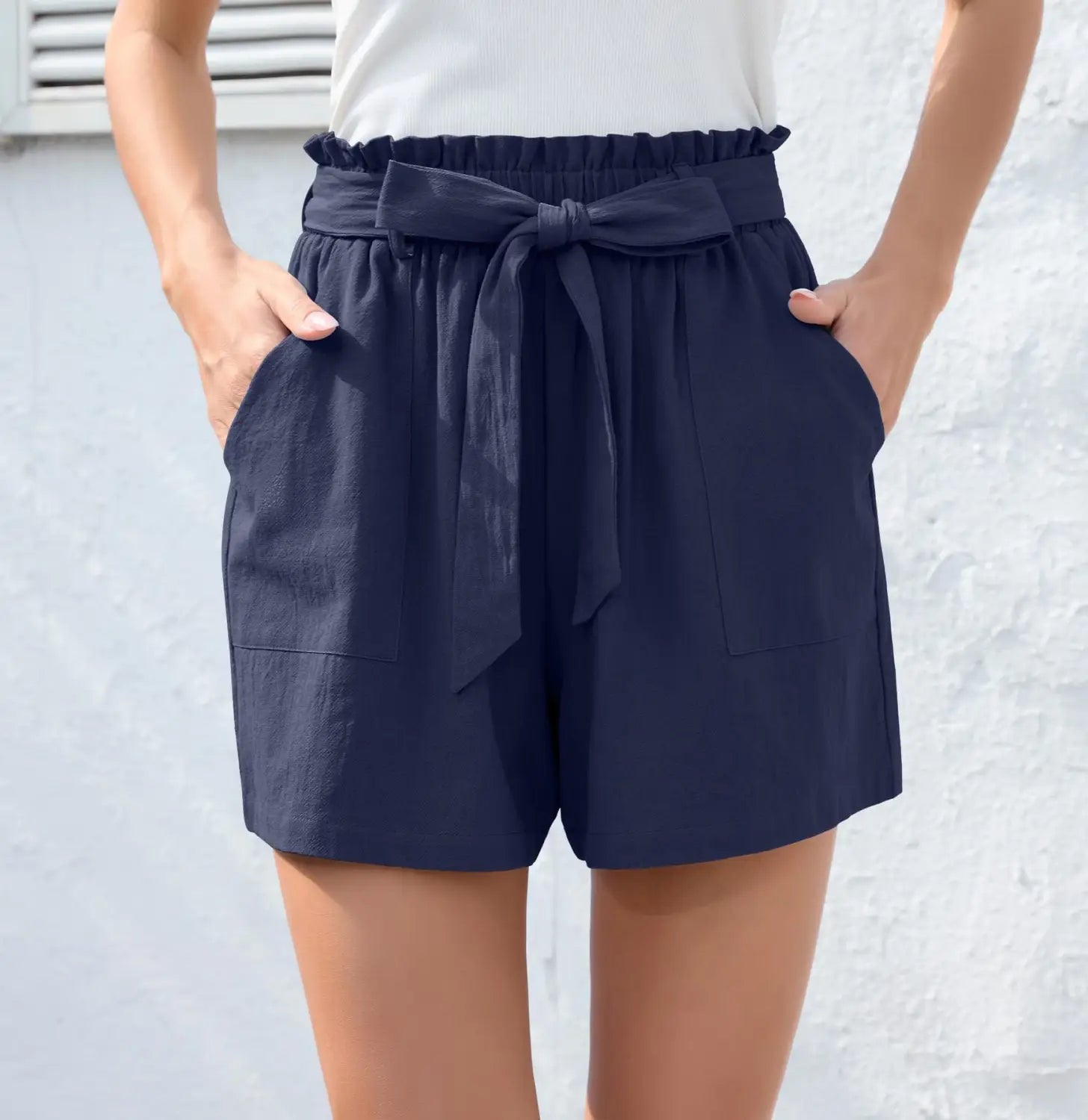 Fashion Ruffle Bow Waist Tie Shorts Summer Beach Pants With Pockets Womens Clothing