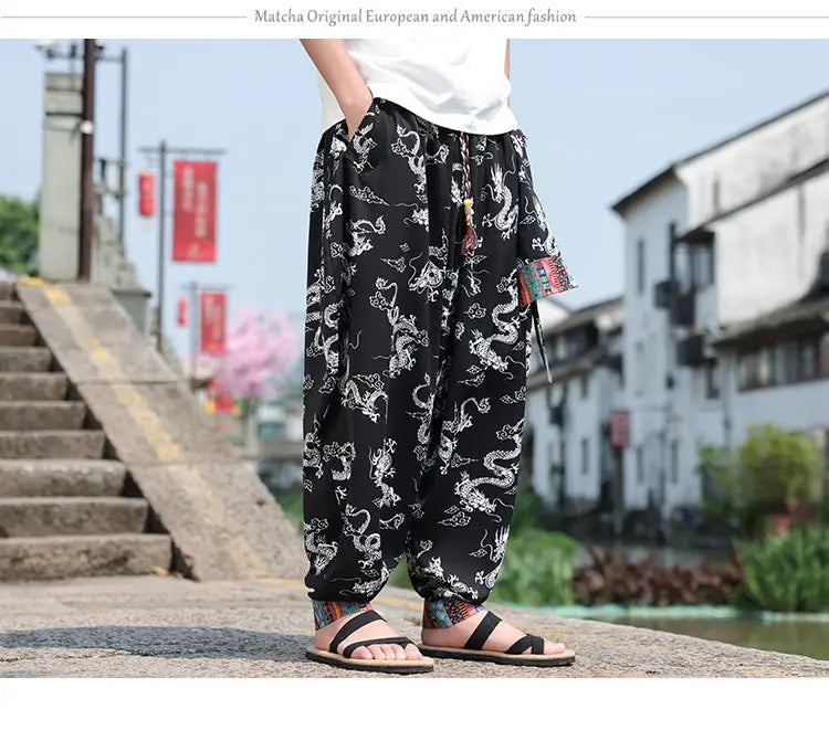 Men’s Plus Size Dragon Pattern Thin Chinese Trousers