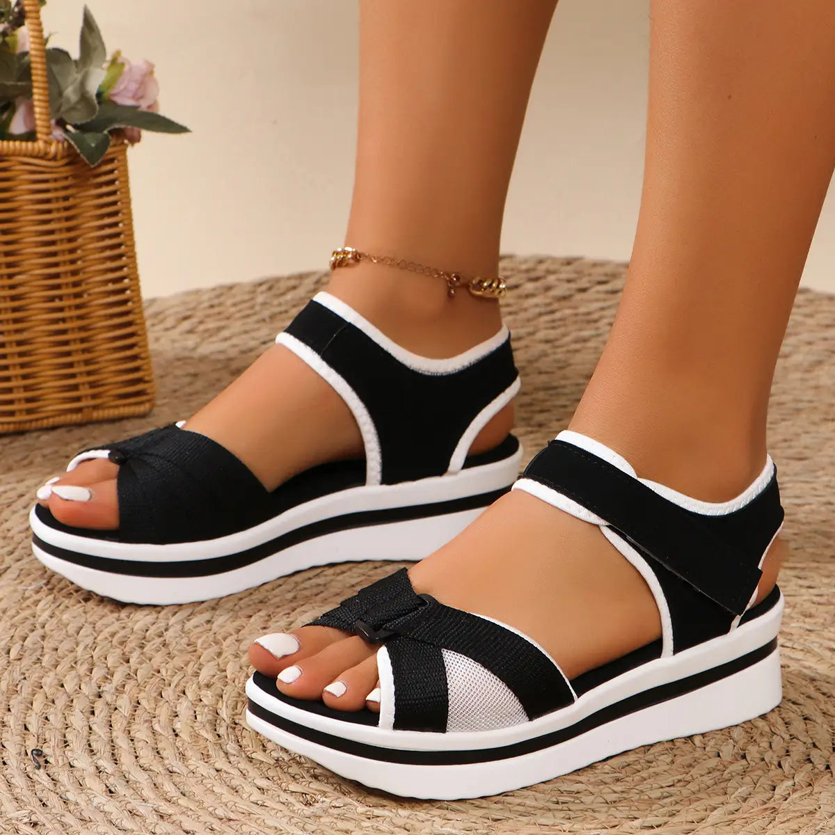 Summer Mesh Cross-strap Sandals With Velcro-design Thick Sole Flats Beach Shoes Women