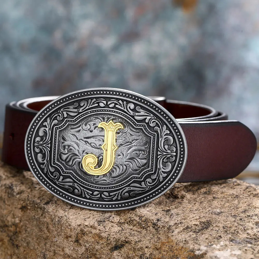 Brown leather belt featuring an ornate silver and gold J buckle for floral letter style.