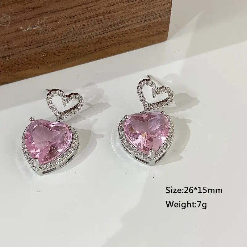 Light Luxury Premium Feeling Pink Crystal Heart Earrings For Women Girls Niche Design Earrings Birthday Jewellery Gift