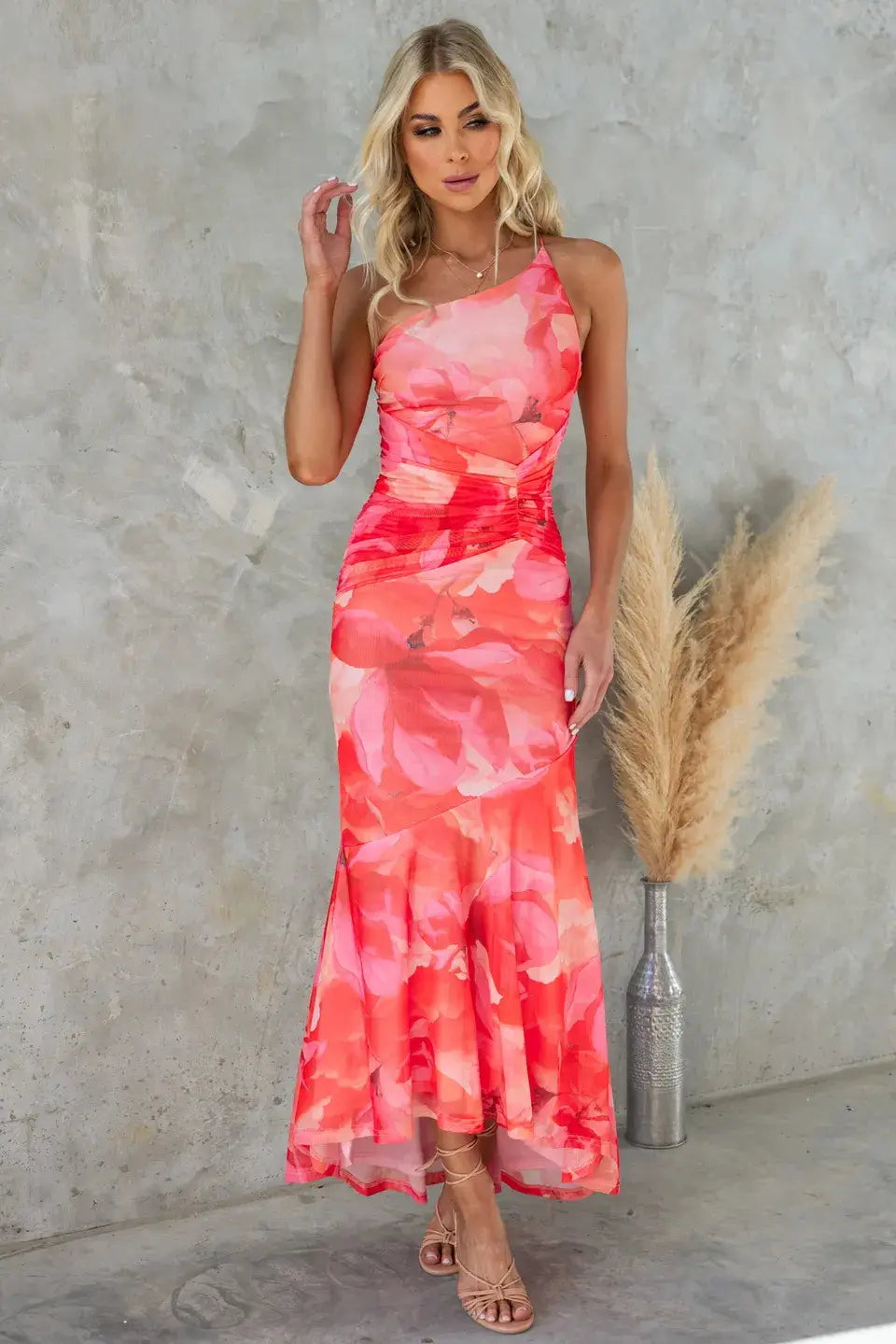 Flowers Print One-shoulder Dress Summer INS Casual Suspender Long Dresses Womens Clothing