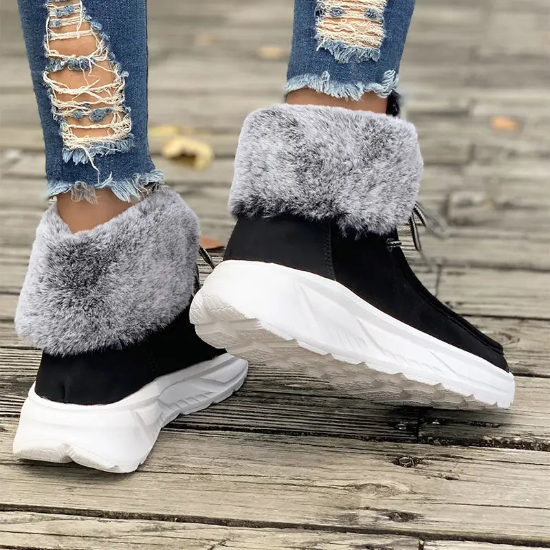Lace-up Snow Boots Women’s Fuzzy Mied-color Soft Sole Platform Thermal Lined Shoes Winter Non-slip Plush Boots