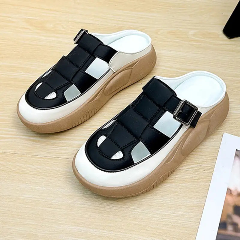 Thick-soled Closed-toe Slippers Summer Outdoor Garden Hollow Buckle Slide Sandals Casual Beach Shoes