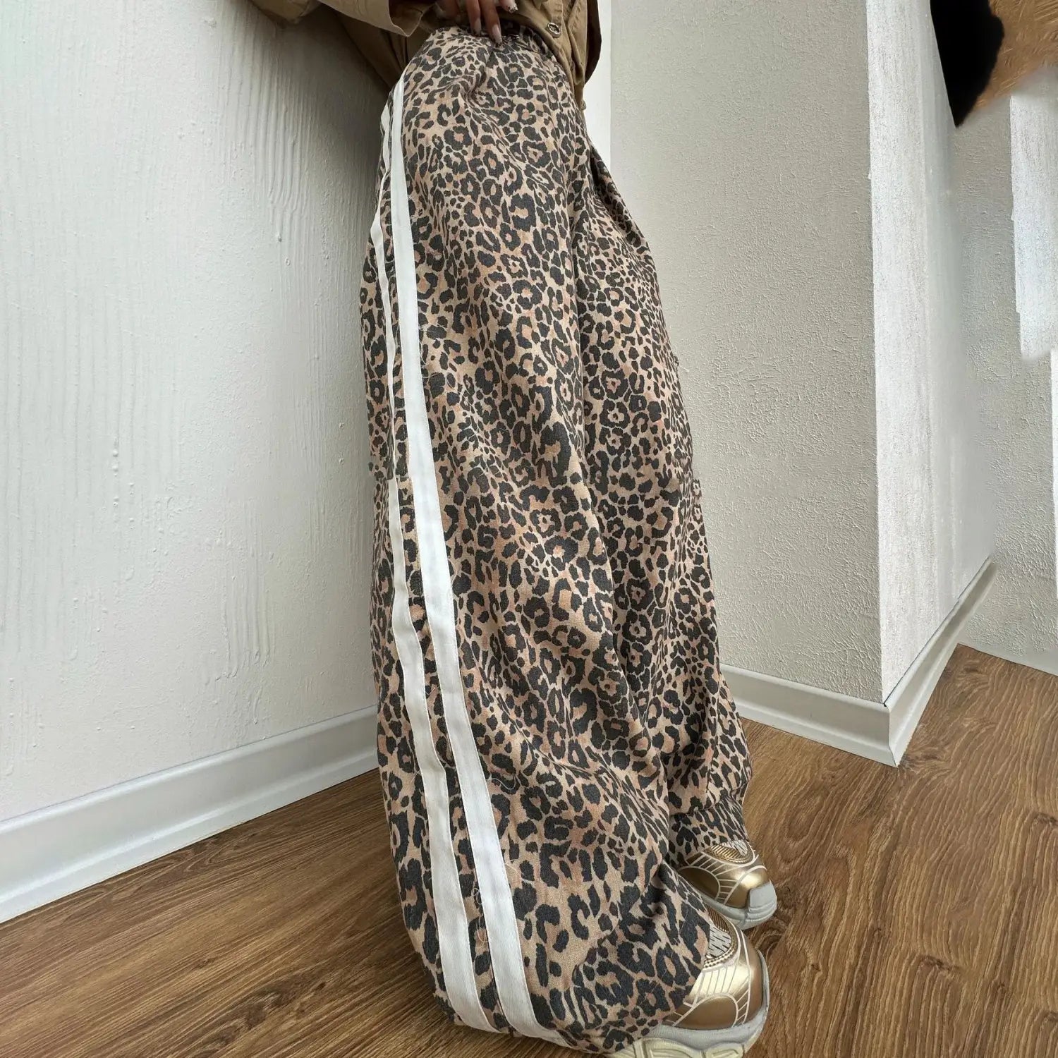 Leopard Print Mop Pants Women’s Retro Side Striped Loose Wide-leg Pants