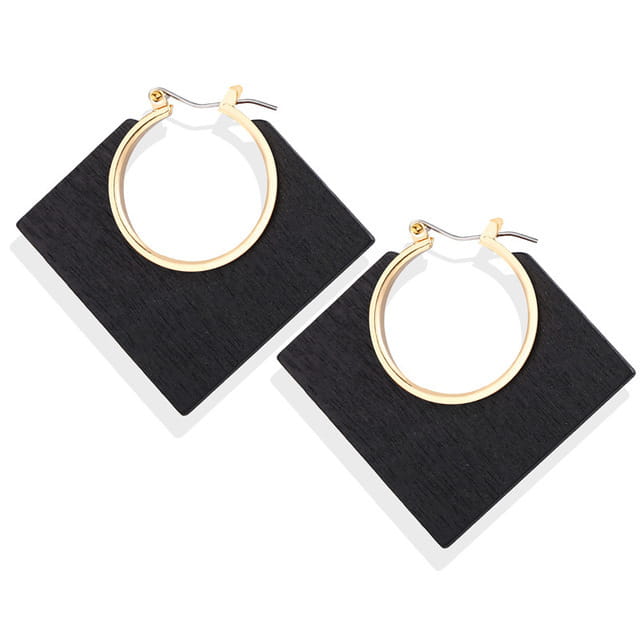 Pair of black square earrings with gold hoops in Women’s Hoop Jewelry Set