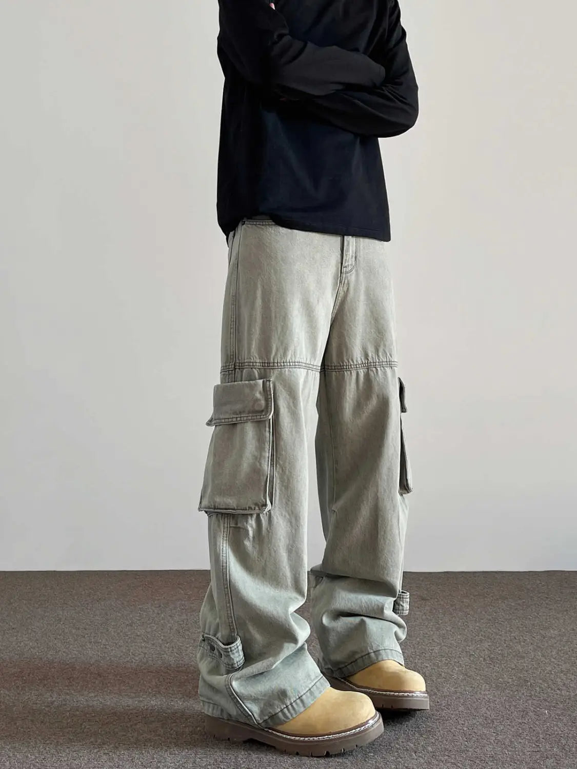 Large Pocket Denim Overalls Men’s Straight Flared Trousers