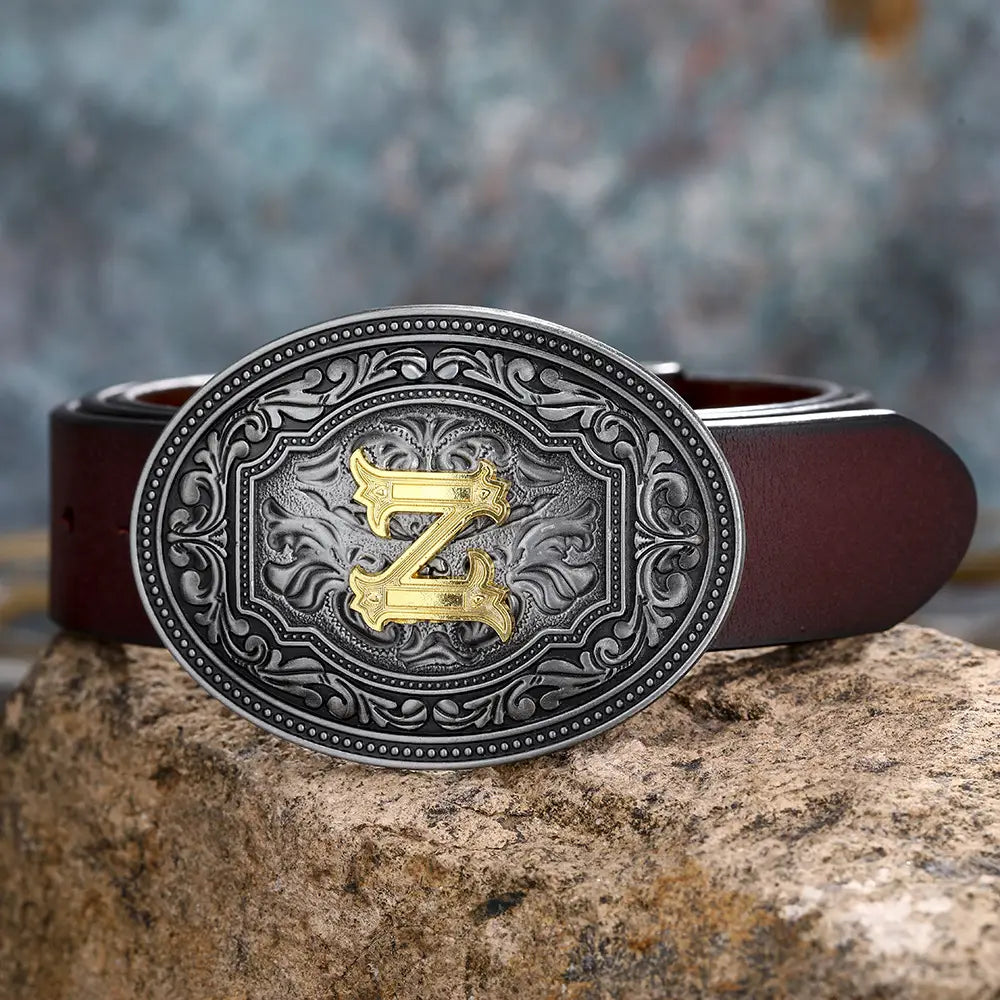 Ornate floral belt buckle featuring a gold letter Z for stylish unisex fashion.