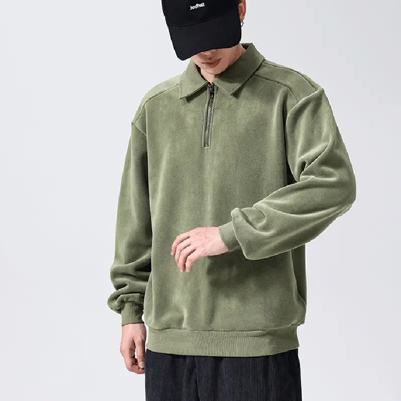 Fashion Lapel Half-zip Sweatshirt Winter Warm Fleece Long Sleeve Top Men’s Clothing