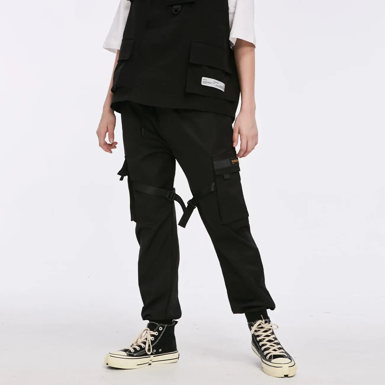Ribbons Harem Joggers Men Cargo Pants Streetwear Hip Hop Casual Pockets Cotton Track Pants