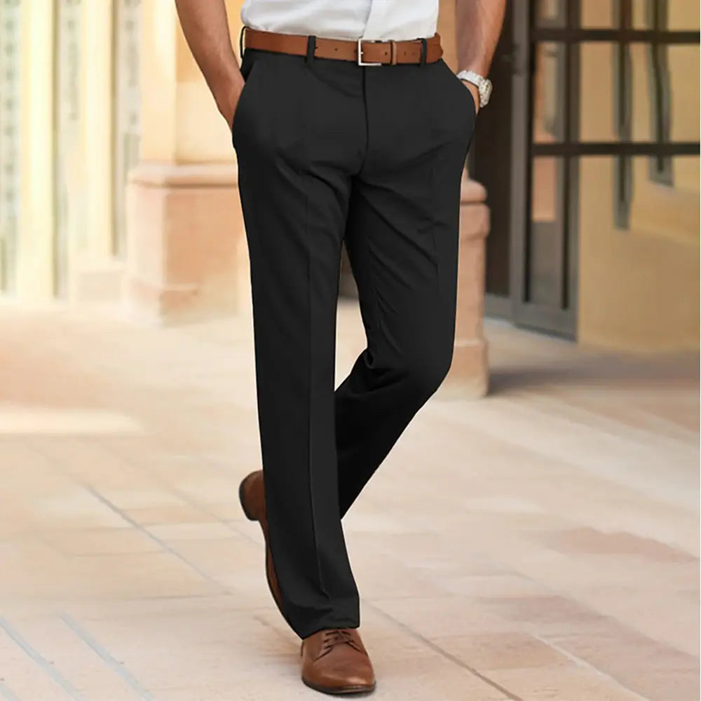 Classic black dress pants with a brown leather belt for stylish casual wear.