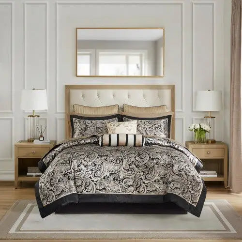 12 Piece Comforter Set With Cotton Bed Sheets Black Queen - Black - 5