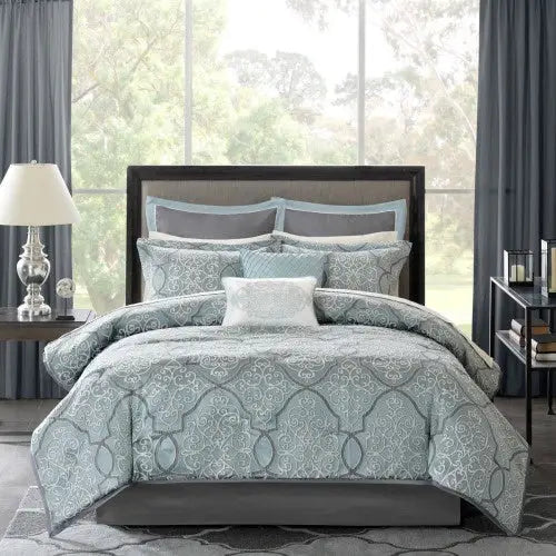 12 Piece Comforter Set With Cotton Bed Sheets Blue Queen - Blue - 5