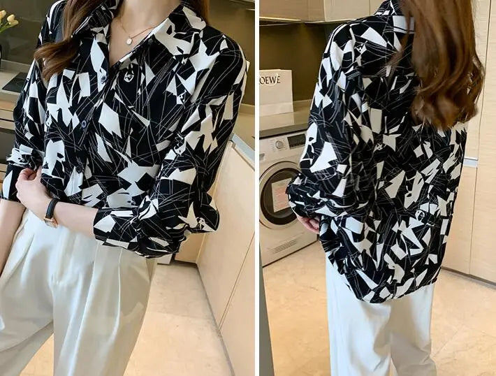 Fashion Women’s Square Collar Printed Long-sleeved Shirt
