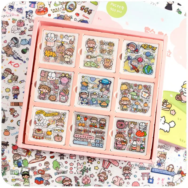 Pink box of cartoon stickers in Waterproof Transparent 100 Sheets Sticker Set.