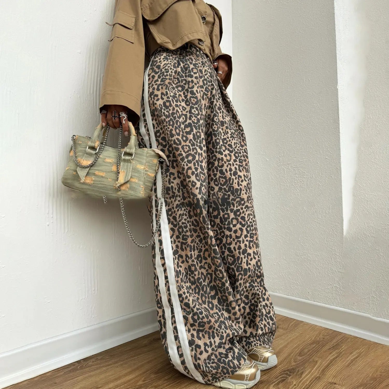 Leopard Print Mop Pants Women’s Retro Side Striped Loose Wide-leg Pants