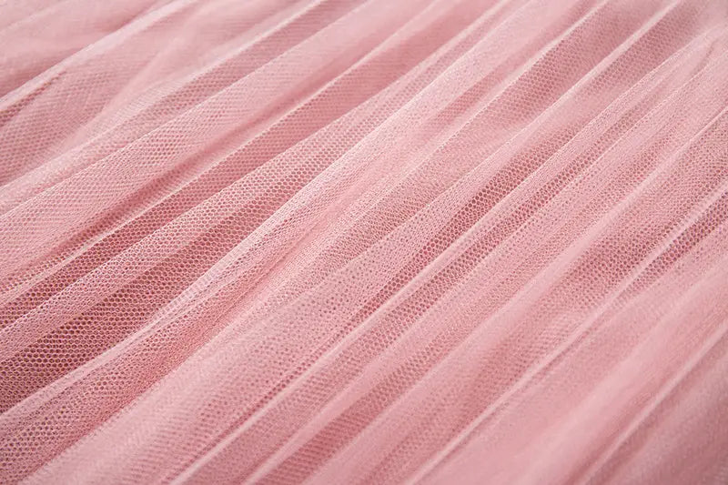 Pleated pink tulle fabric featured in New Women’s Belts Show Thin And Elegant Pleated Mesh Skirt