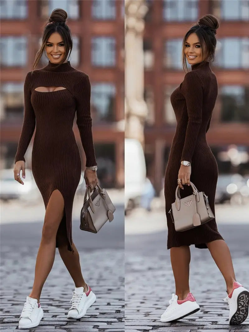Knitted Bodycon Midi Dress Women