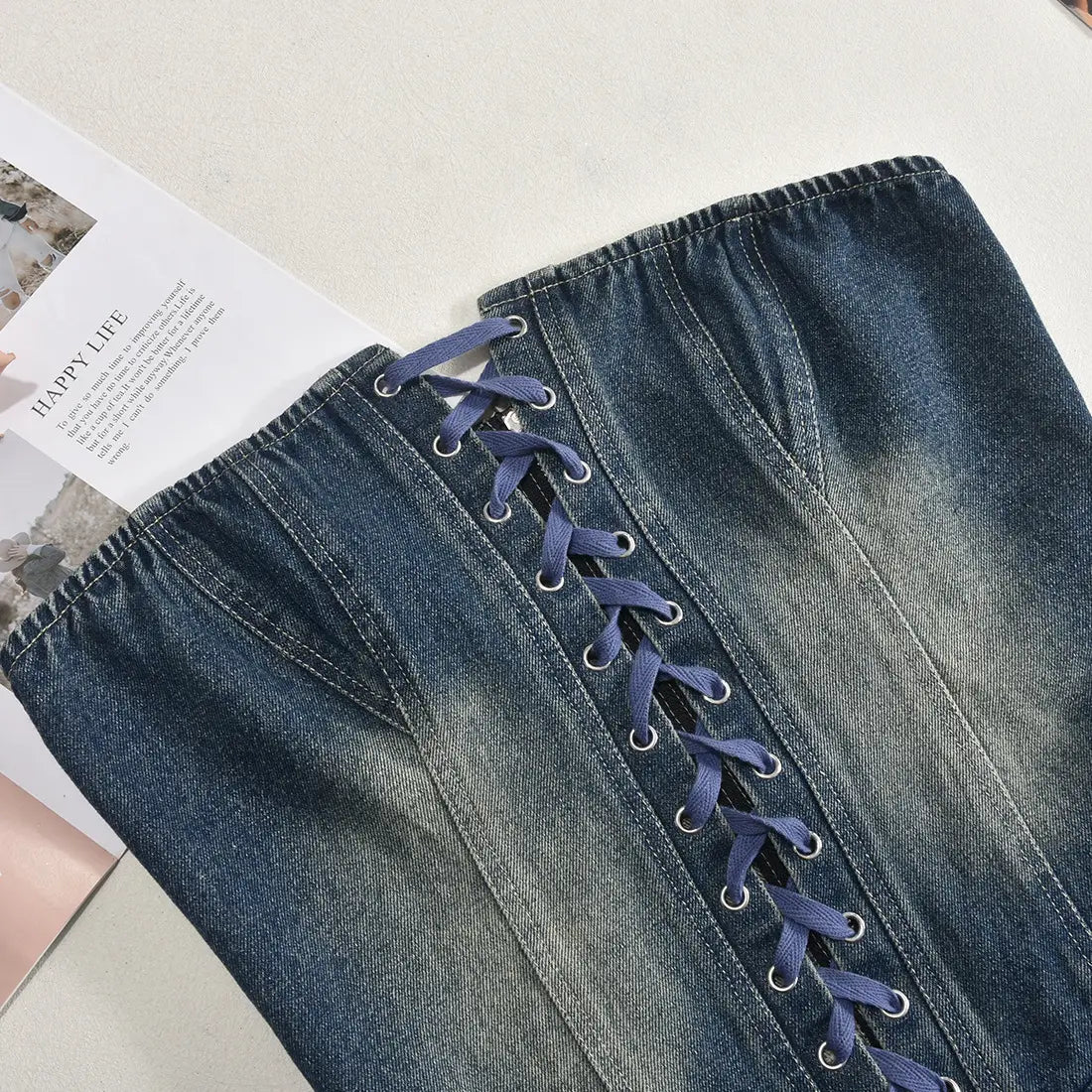 Women’s Zipper Lace-up Chest Wrap Short Denim Dress