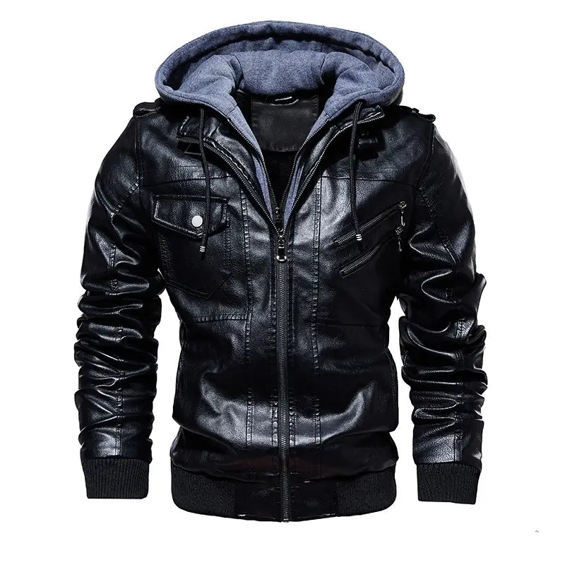 Men’s Leather Jacket Men’s PU Leather Hooded Leather Jacket