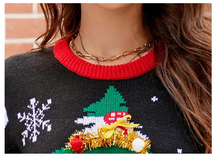Women’s Christmas Sweater Reindeer Xmas Snowflake Christmas Tree Patterns Knitted Sweater Long Sleeve Elk Letter