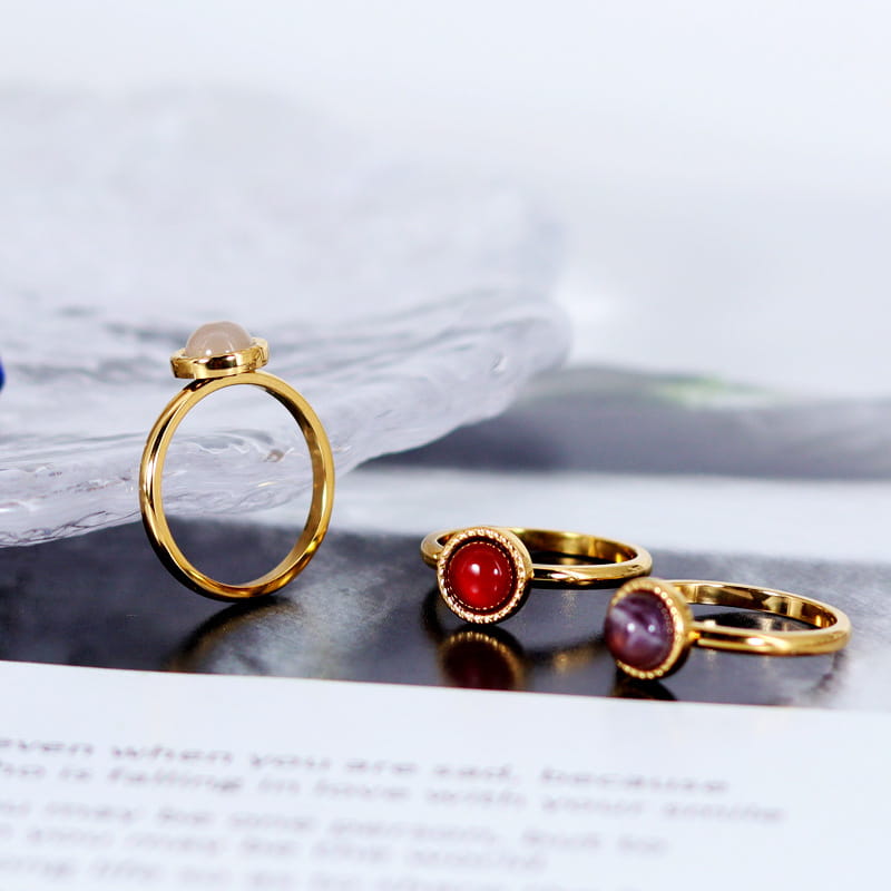 Fashion Jewelry Colorful Natural Stone Inlaid Titanium Steel Ring 18K Gold Plating Red Agate Pink Crystal Amethyst Blue