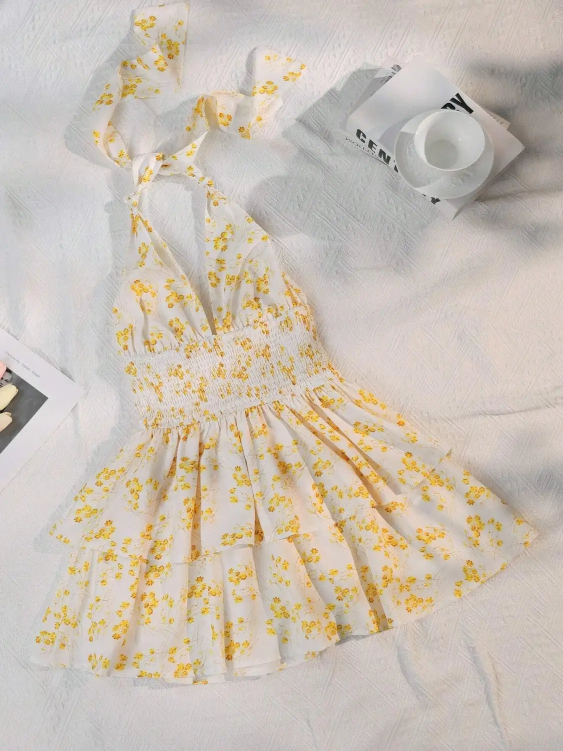 Women’s Holiday Floral Flounce Halterneck With Suspenders Backless Dress
