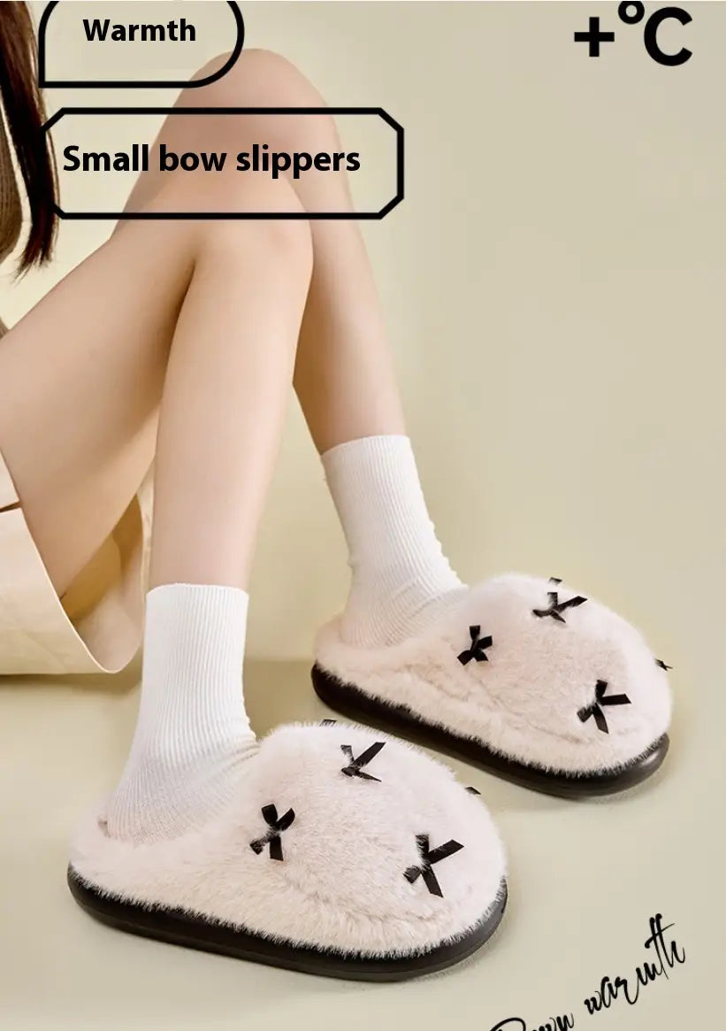 Women’s Cute Plush Home Slippers Butterfly Knot Cotton Slippers Comfortable Thick Bottom Outdoor Slippers Winter Indoor