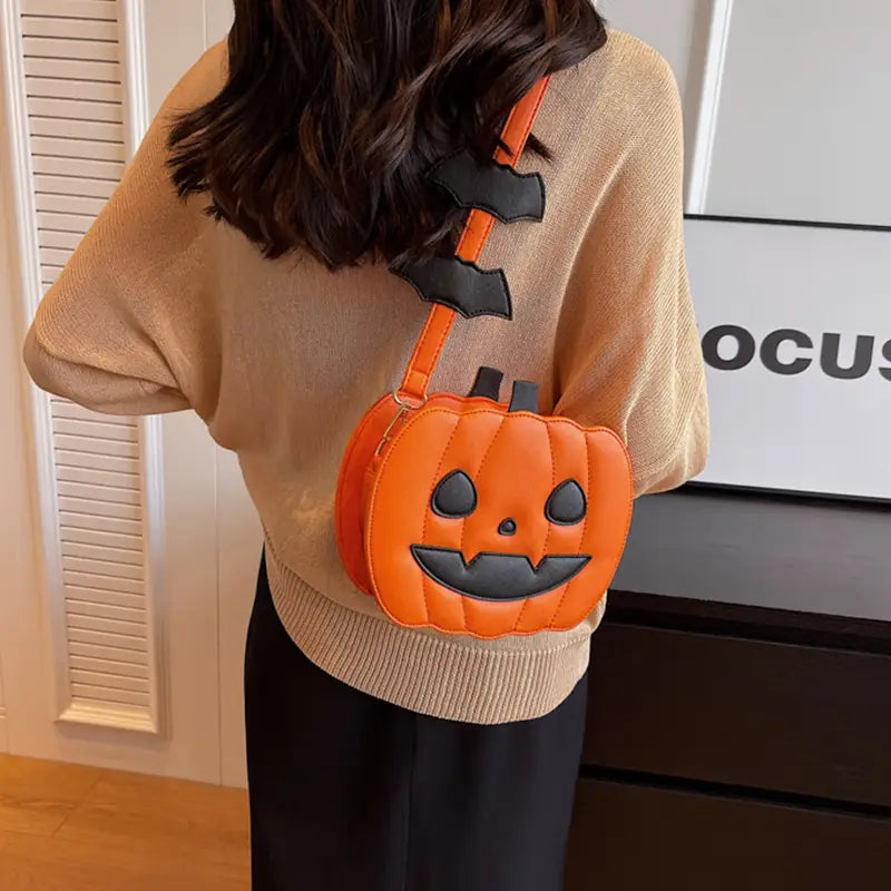 Halloween Bags Funny Pumpkin Cartoon Shoulder Crossbody Bag With Bat Personalized Creative Female Bag