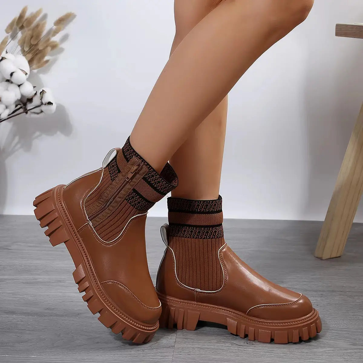 Fashion Mid-tube Boots With Zipper Design Non-slip Thick Sole Elastic Knitted Patchwork Boots For Women Round Toe Shoes