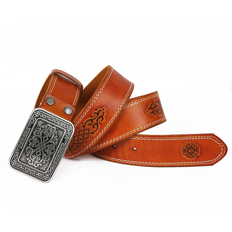 Embossed leather belt featuring an ornate buckle in the Auspicious Pattern design.