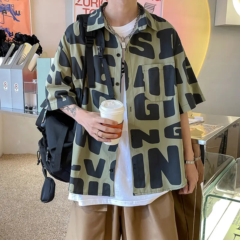 American hip hop short sleeve shirt men’’s thin loose shirt in summer