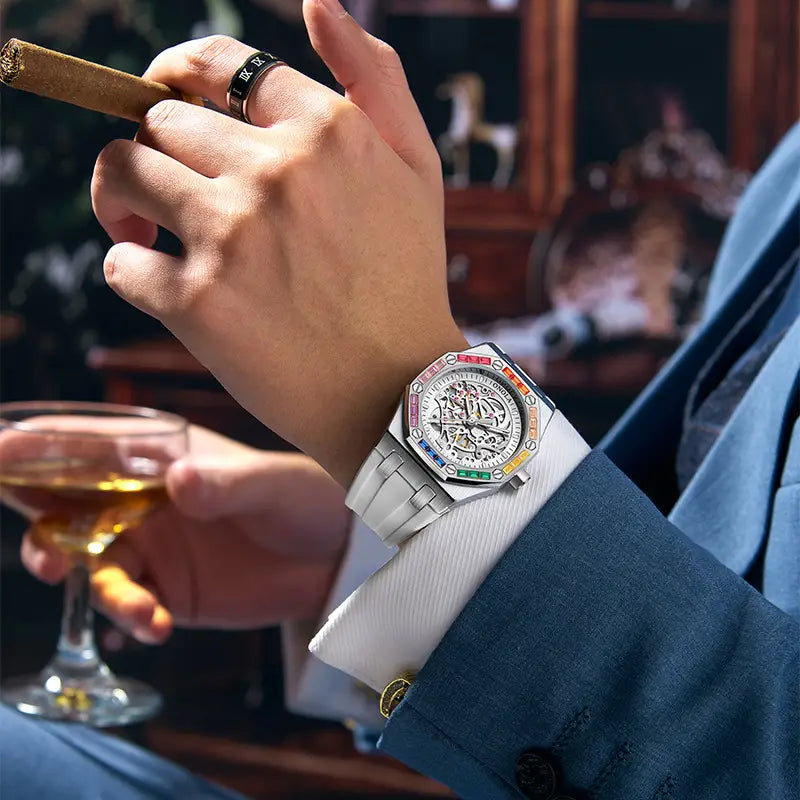 Men’s Silicone Band Rainbow Diamond Automatic Mechanical Watch