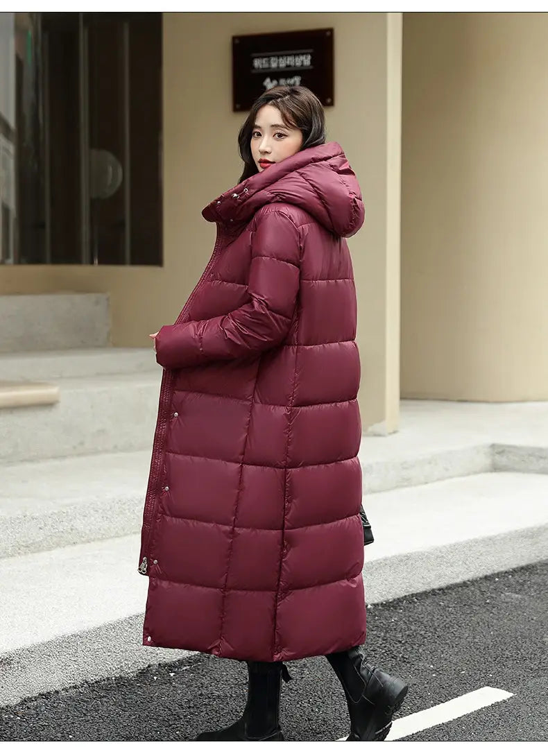 Women’s Super Long Down Jacket Winter Puffer Thick Coat Black Red Hooded Zipper Keep Warm Fall Winter Casual Clothes