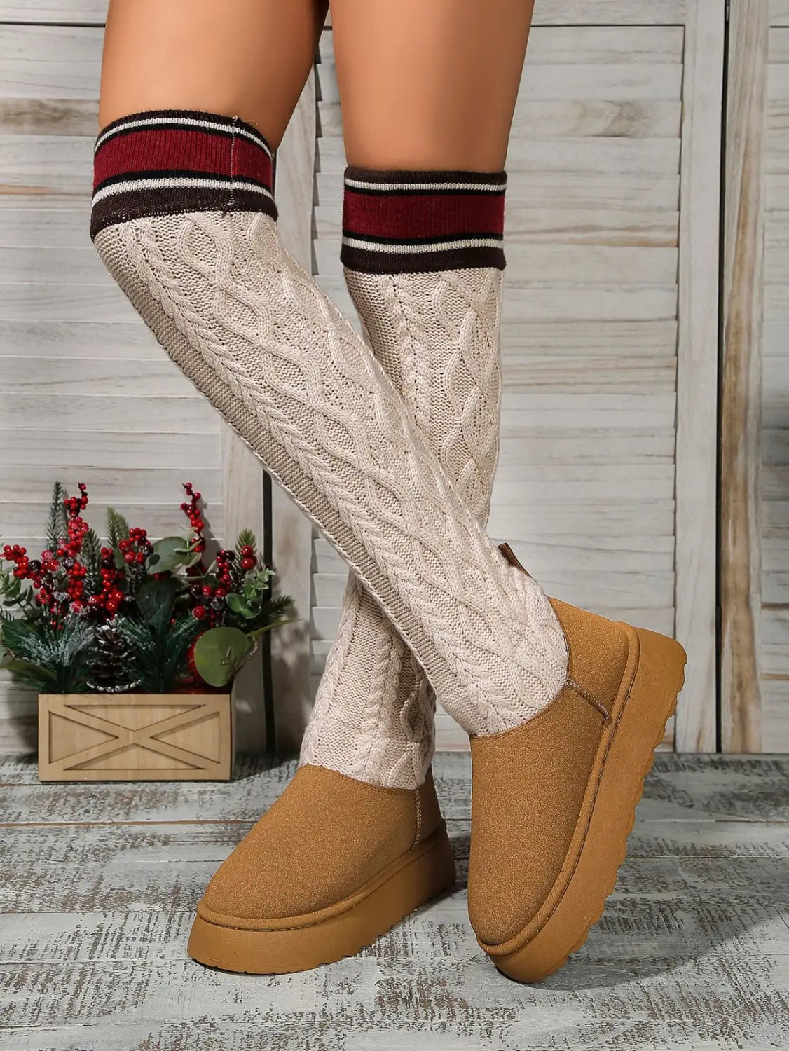 Winter Over-the-knee Boots With Long Knitted Sock Design Fashion Flat Thick-soled Shoes For Women Casual Warm Long Boot