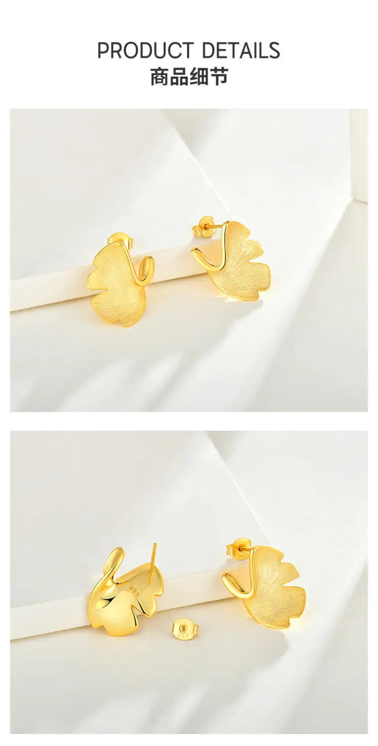 Gold-toned leaf-shaped earrings inspired by Ginkgo Biloba in premium sterling silver.