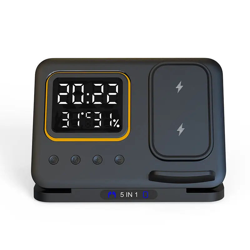 15W Wireless Chargers Stand 5 In1 LED Digital Alarm Clock Fast Charging Dock Station - Black / Suitable For Apple Watch