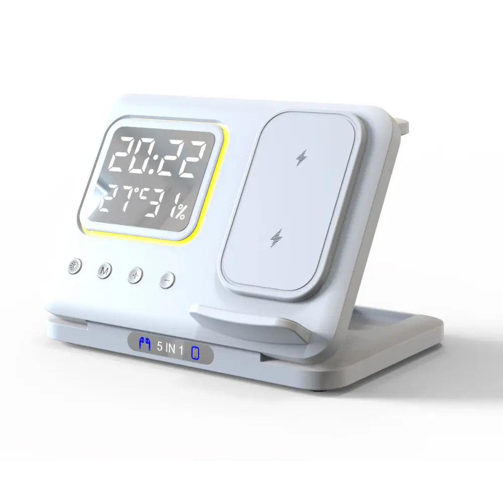15W Wireless Chargers Stand 5 In1 LED Digital Alarm Clock Fast Charging Dock Station - White / Suitable For Apple Watch
