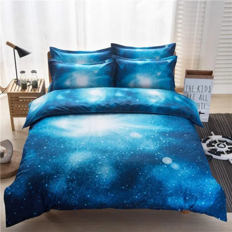 Blue galaxy-themed 3D print bedding set for a stylish bedroom ambiance.
