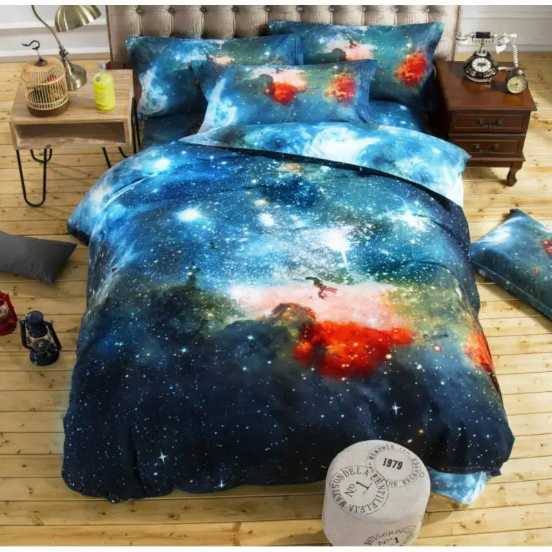 Galaxy-themed 3D Print Bed Sheets Set Duvet Quilt Cover Set for a cosmic bedroom aesthetic.